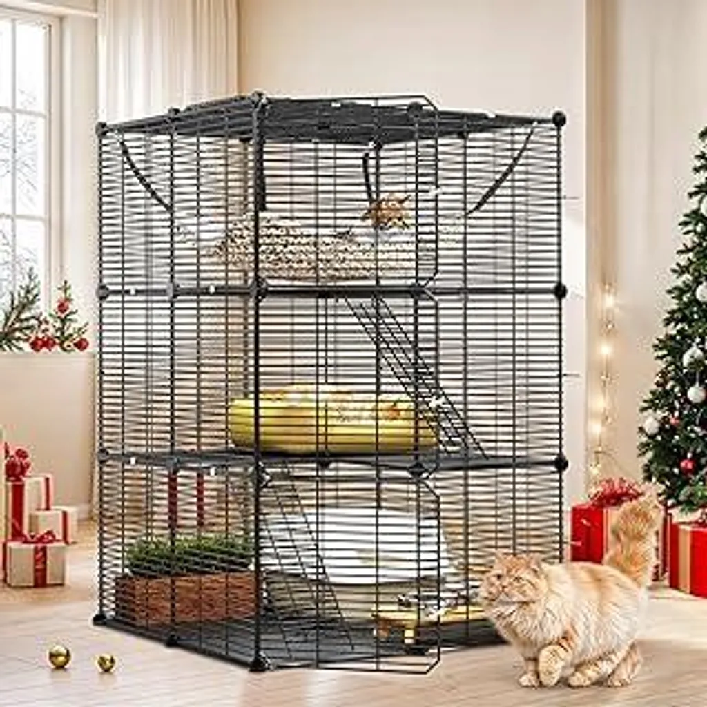 Gabbia per gatti da esterno, recinto per gatti a 3 piani, box fai da te per gatti, gabbia per gatti con rete metallica fitta, cuccia per gatti con amaca extra large per 1-2 gatti, cincillà, nero