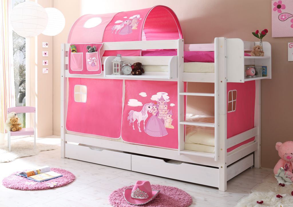 Etagenbett "Marcel" Kiefer weiß Motiv (Horse (Pink))