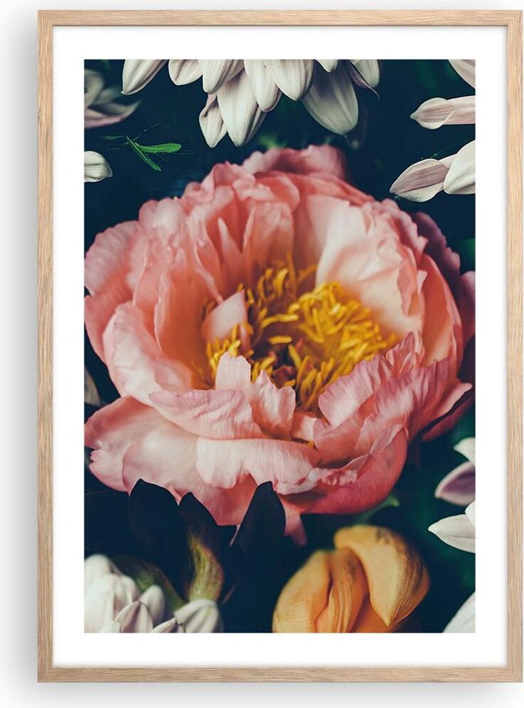 Gerahmtes Poster - Rahmen in heller Eiche - Blumen Pfingstrose Holzig - 50x70 cm - Wand Bild - Wanddeko - Wandbilder - Kunstposter - Wandposter - B...