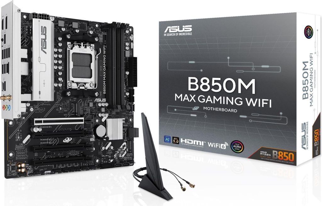 ASUS B850M MAX GAMING WIFI, AMD, Sockel AM5, AMD Ryzen 7000 Series, AMD Ryzen 8000 Series, AMD Ryzen 9000 Series, Sockel AM5, DDR5-SDRAM, 256 GB