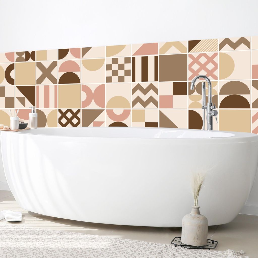 Wandverkleidung Bad Muster selbstklebend - 0.61 mm Wandpaneel matt wasserfest Geometrisch beige Fliesenoptik Abstrakt Badrückwand fugenlos 100x60 cm