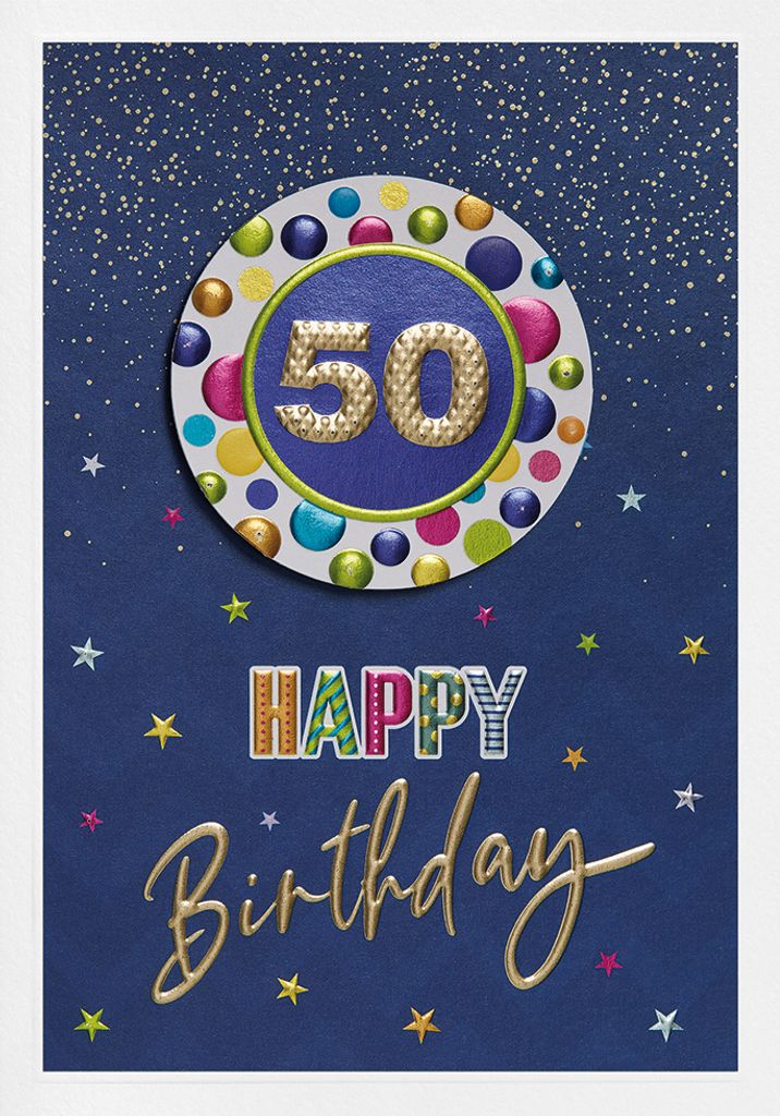 50. Geburtstag Prisma Collection unverpackte Glückwunschkarte mit Briefumschlag 50 bunte Punkte Applikation Happy Birthday