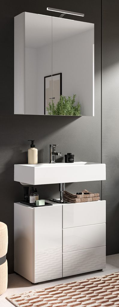 Badmöbel-Set "Larik" in weiß Hochglanz 2-teilig, 60 x 190 cm, mit viel Stauraum und LED