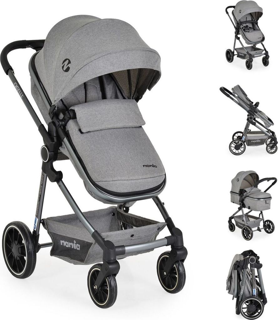 A collage of images showing a stroller from different angles and in different states.