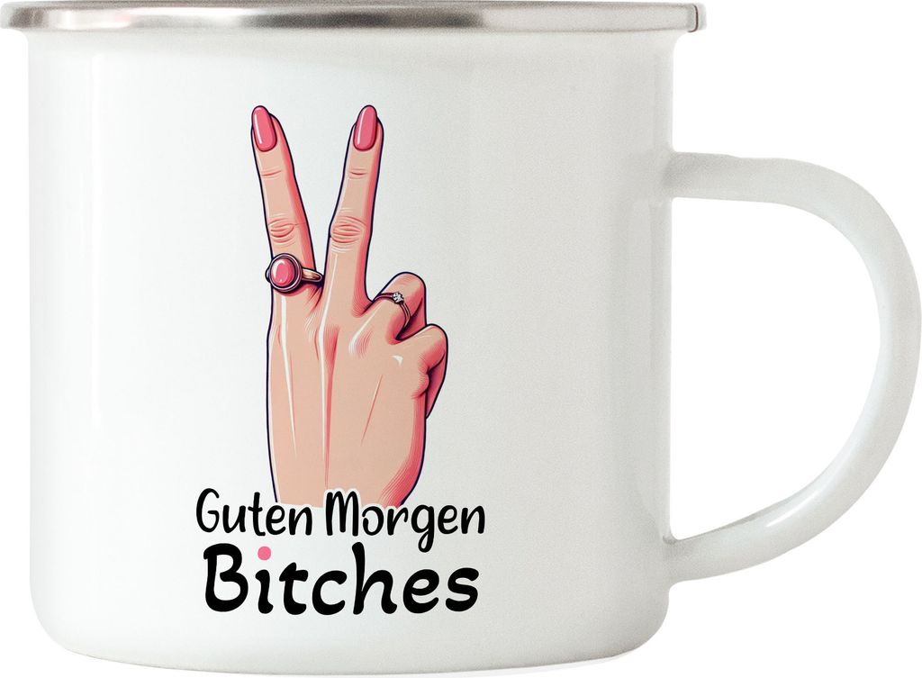 Guten Morgen Bitches Frauenhand Peace Zeichen Emaille Tasse Produktbild 