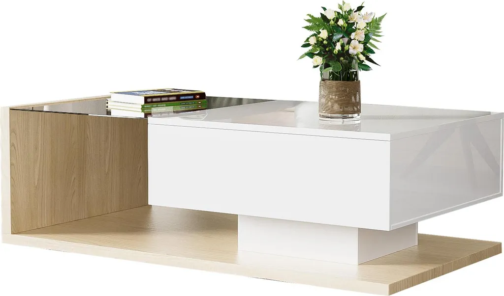 Tavolino Sweiko in combinazione di colori bianco lucido e legno. Tavolini, tavolini da caffè con vetro ed effetto LED