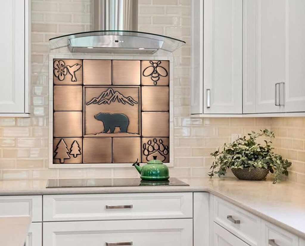 CopperAndCraft Kupfer Wandpaneel 60x60 cm, Handgefertigtes Metall Fliesenset Naturmotiv, Küchenrückwand Spritzschutz, Wanddeko für Küche Wohnzi...