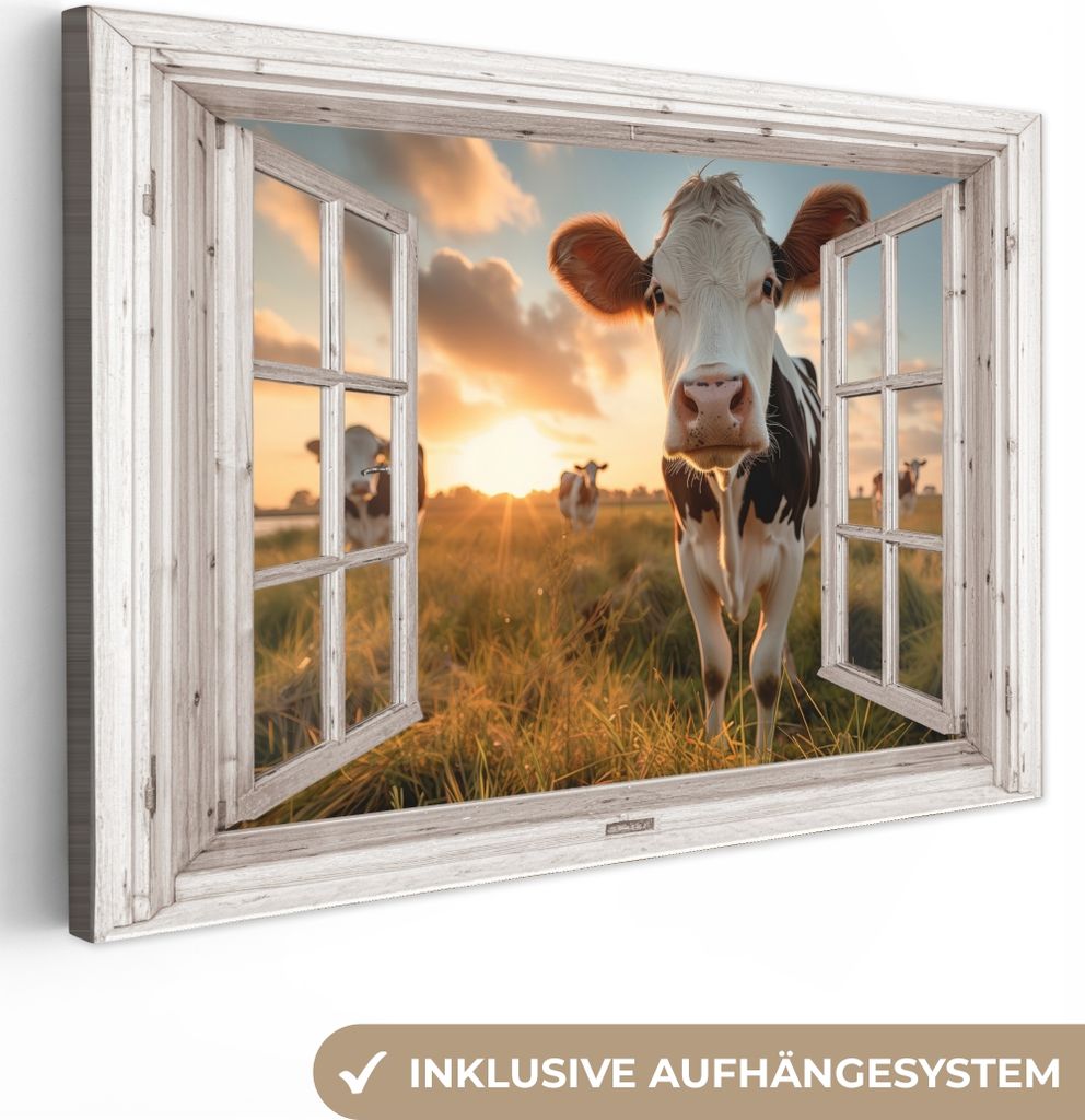 MuchoWow - Leinwandbilder - Aussicht - Kuh - Wiese - Natur - Tiere - Ländlich, Wandbild, Wanddeko Bilder Wohnzimmer, 90x60 cm
