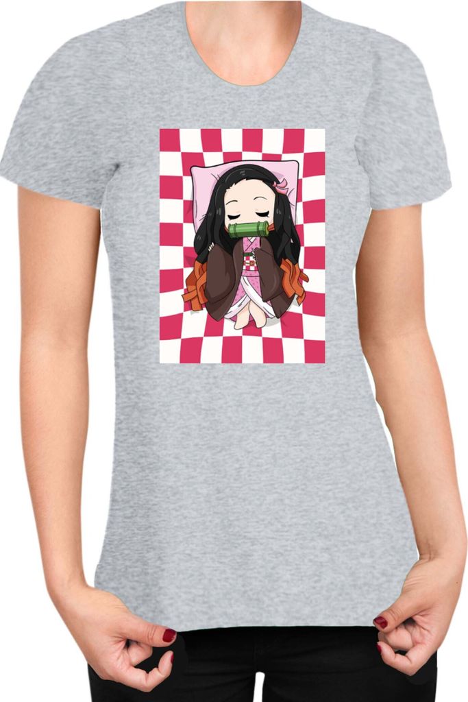 Damen T-Shirt Demon Anime Slayer Kimetsu No Yaiba Nezuko Sleeping, Lady M / Grau