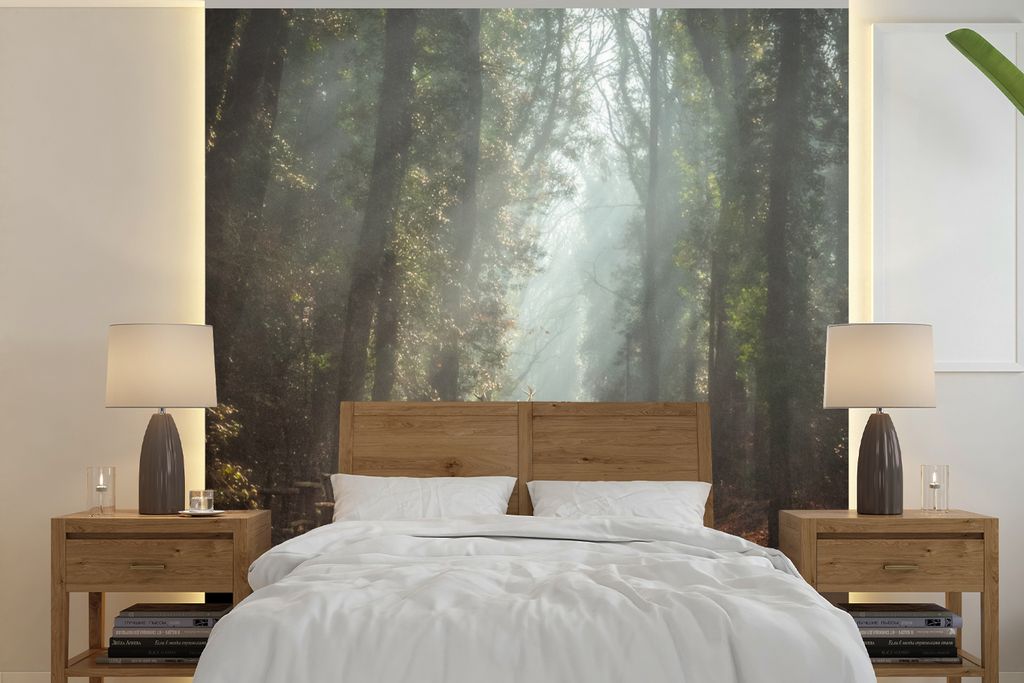 MuchoWow Fototapete für Wohnzimmer oder Schlafzimmer Wandtapete Vinyl Motivtapete Hirsche - Wald - Sonnenstrahlen - 300x300 cm - Wanddekoration