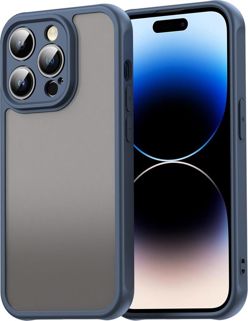 Matt Hülle für iPhone 14 Pro mit Kameraschutz, Transluzente Matt Rückseite Stoßfeste Handyhülle Blau