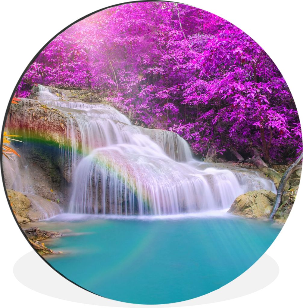 MuchoWow Aluminium Wandkreis Wasserfall - Bäume - Regenbogen - Lila Ø 60 cm Wanddeko Modern Wohnzimmer - Wand Kreis - Wandbild - Schlafzimmer -...