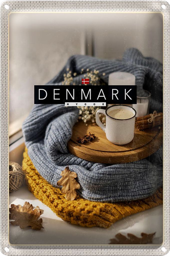 Blechschild Reise 20x30cm Dänemark Wollpullover Tasse Zimtstange