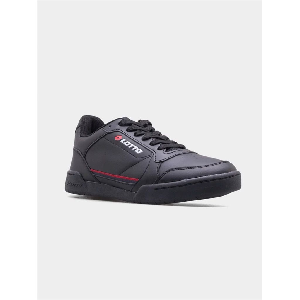 A black Lotto sneaker with a red stripe detail is shown against a plain light gray background.