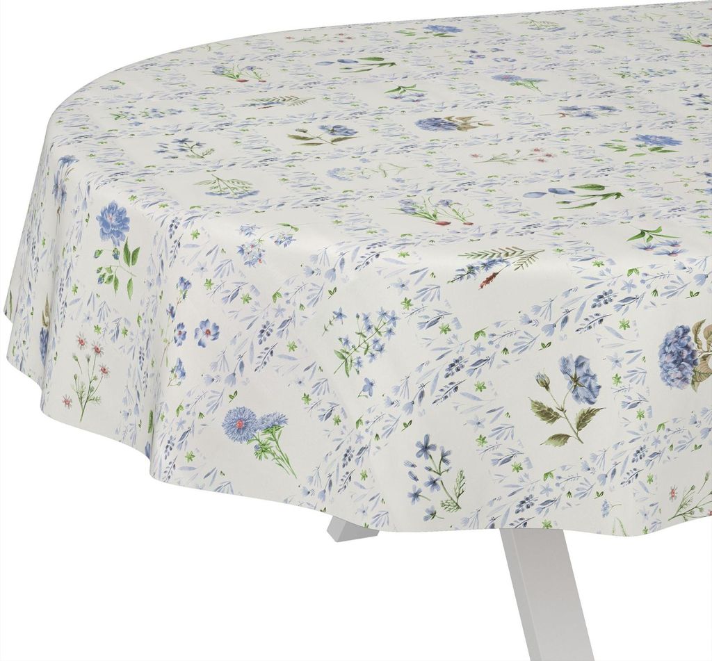 Tischdecke Floral Blumenkaro Blau Oval 200x140cm Schnittkante Wachstuch abwaschbar