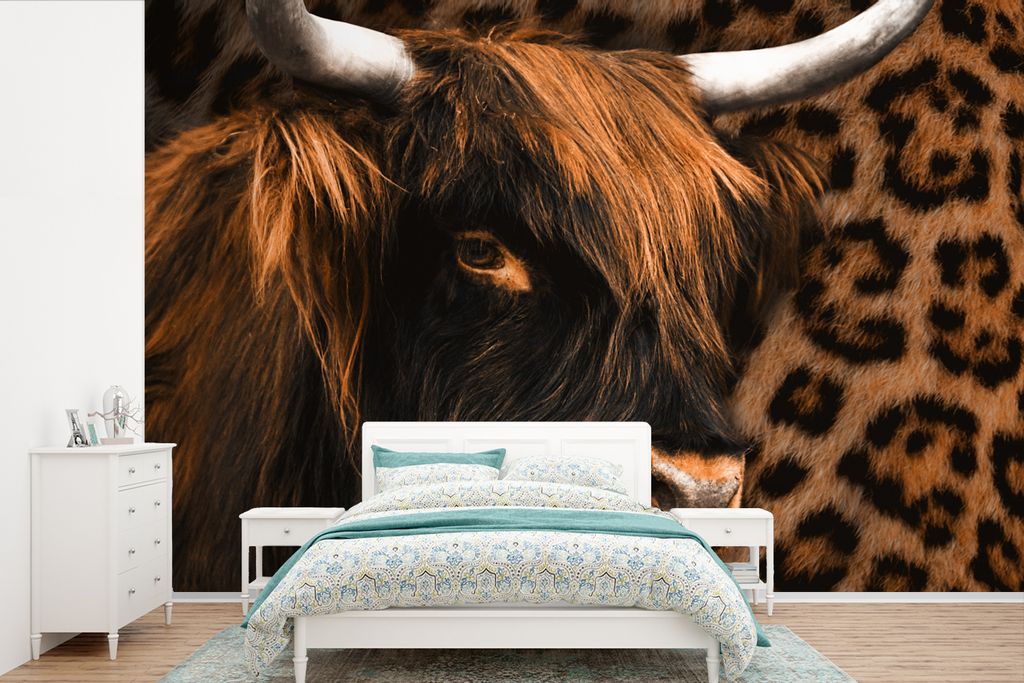 MuchoWow Fototapete für Wohnzimmer oder Schlafzimmer Wandtapete Vinyl Motivtapete Pantherdruck - Schottischer Highlander - Design - 360x240 cm -...