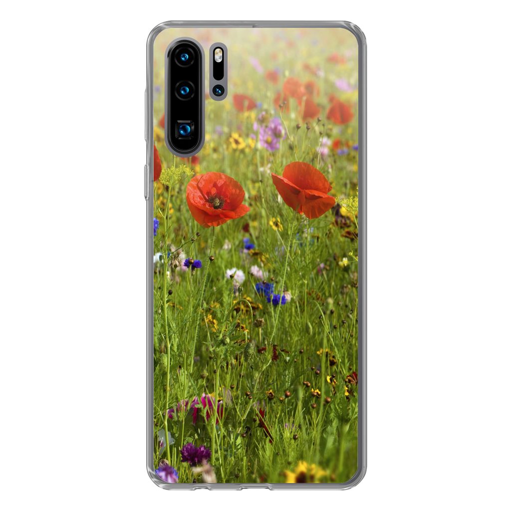 MuchoWow Handyhülle Schutzhülle Hülle für Huawei P30 Pro Frühling - Blumen - Rot - Mohn - Gras - Grün Silikon Softcase Handy Hülle - Schut...
