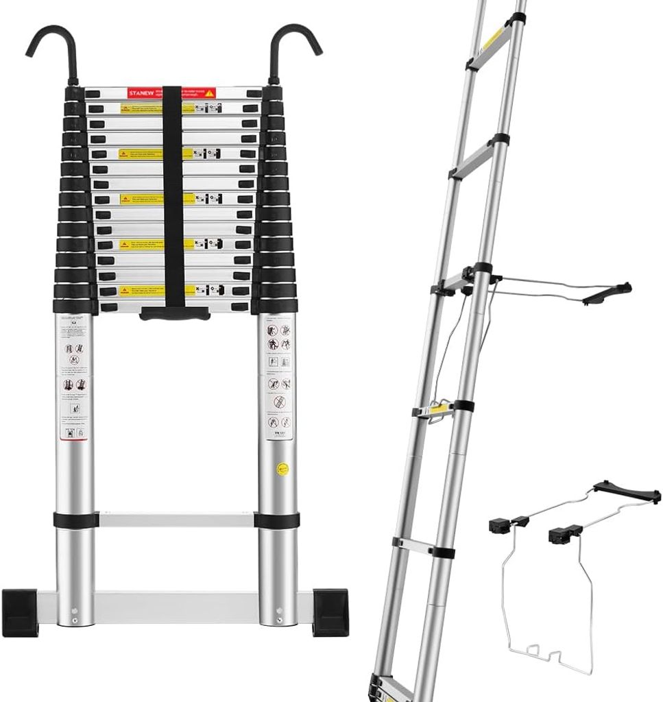 STANEW Teleskopleiter 6,2 m mit Leiterstabilisator, einklappbaren Aluminiumstufen mit Stabilisierungsstange und abnehmbaren Haken