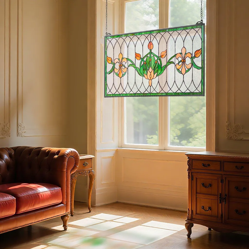 Vitrail Tiffany Multicolore avec Chaîne de Suspension - Format 81x43 - 8