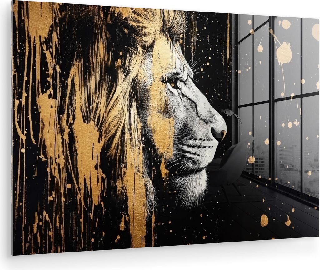 MuchoWow Glasbilder - Bilder auf Wandbild - Foto auf Glas Porträt - Löwe - Abstrakt - Gold 90x60 cm Wanddekoration aus Glas - Acrylglasbild - Acr...