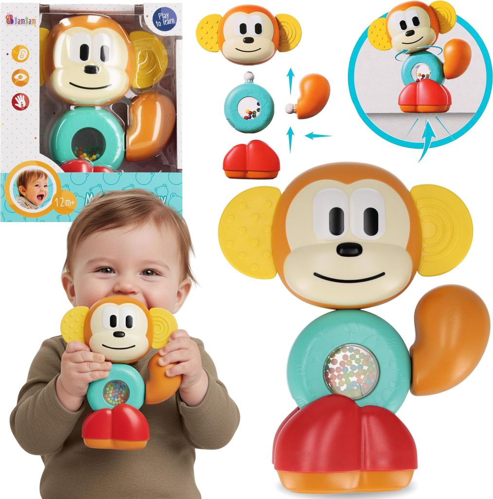 Bam Bam Modulares Spielzeug, fröhliche Affenrassel, sprachfördernder Beißring für Kinder, sensorisch, 12m+