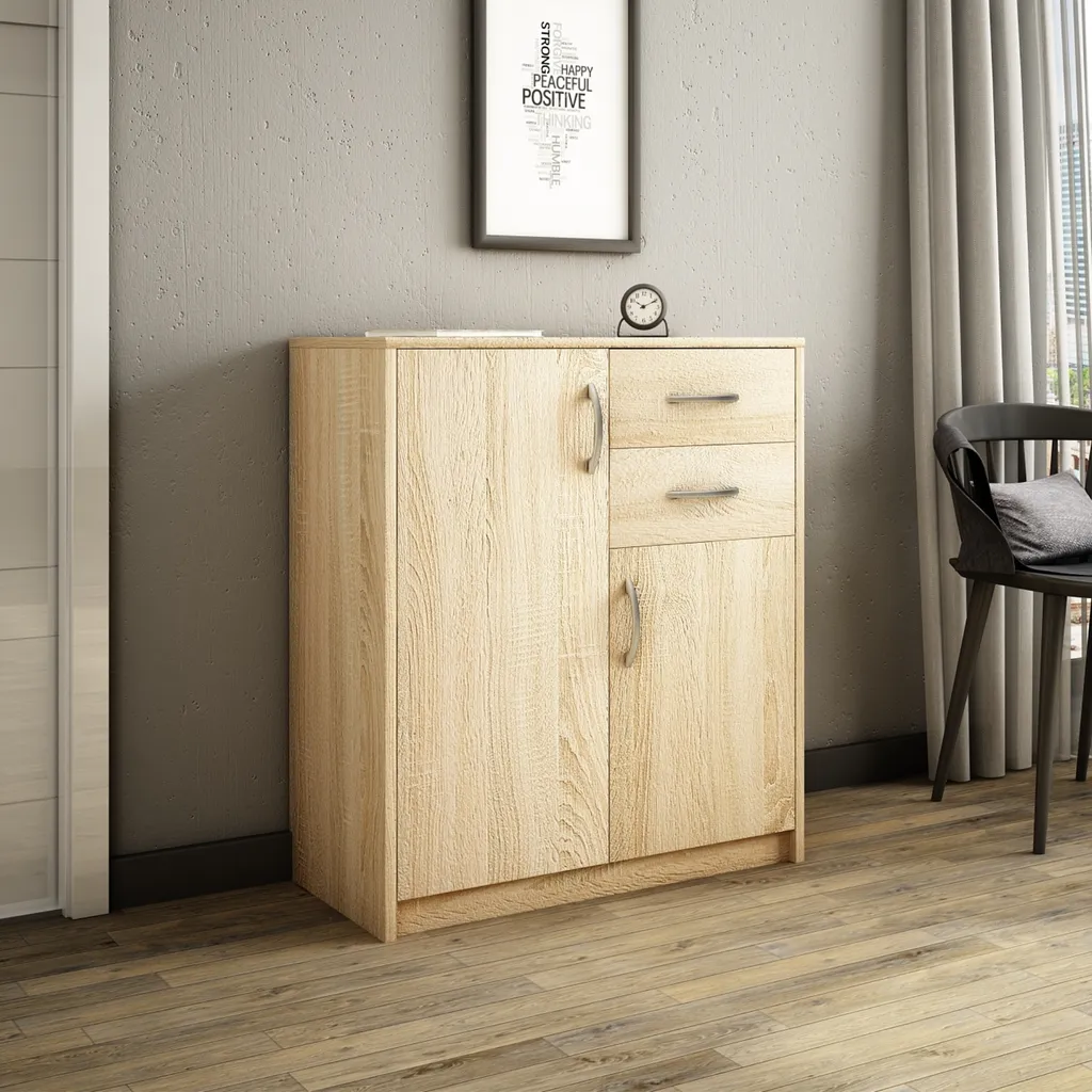 Commode 74cm Sonoma avec 2 tiroirs et 2 portes, buffet bas design mat