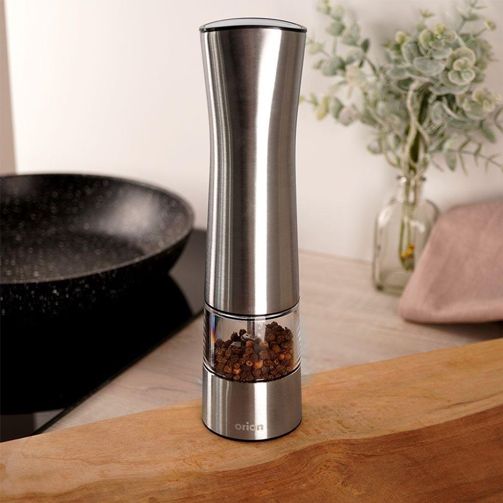 Orion Pfeffermühle Salzmühle Gewürzmühle elektrisch aus Stahl mit Keramikmahlwerk robust 21,5 cm