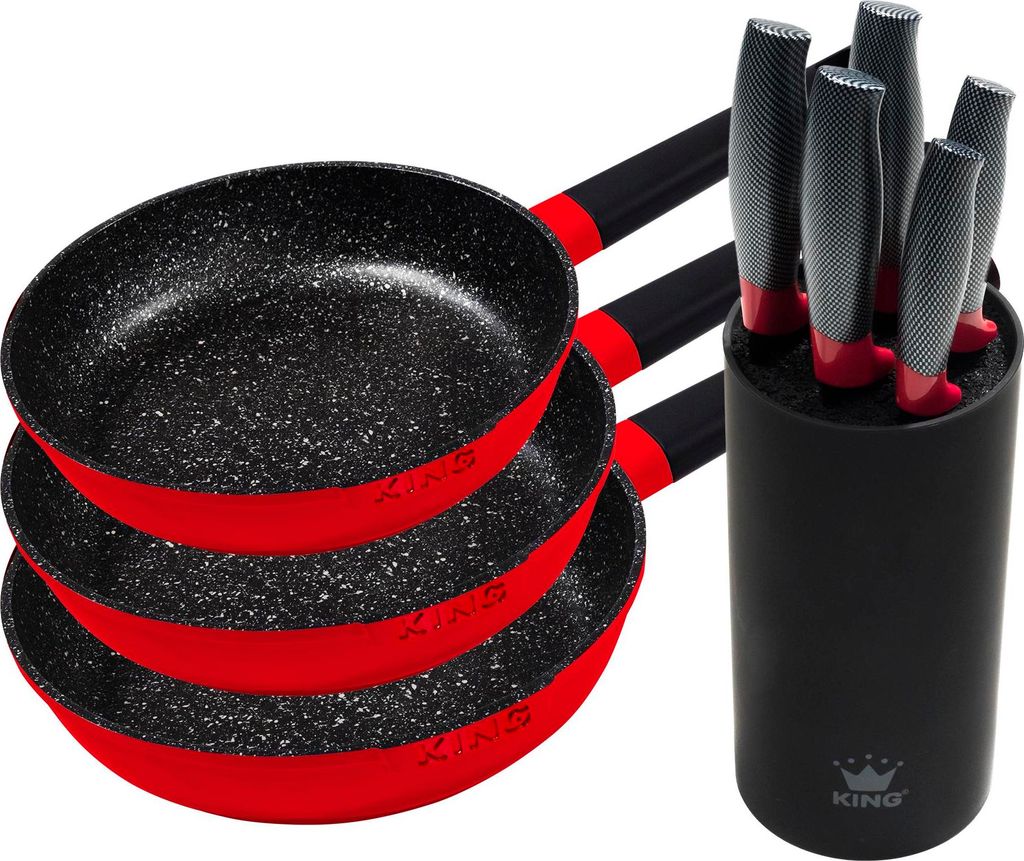 9tlg. KING Geschenkset: Ø20cm Bratpfanne SHINE RED + Ø24cm Bratpfanne SHINE RED + Ø28cm Bratpfanne SHINE RED + 6tlg. Messerset KING CARBON R...