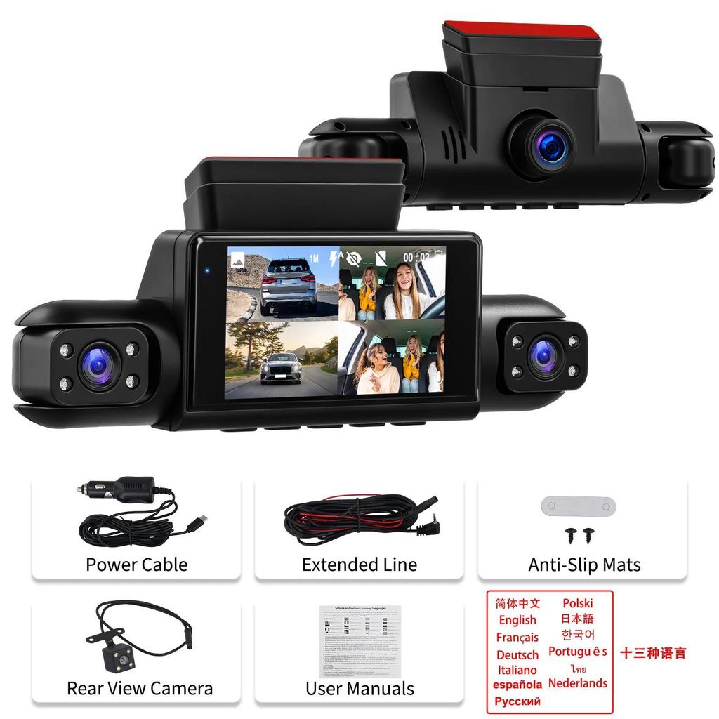 Autokamera - Dashcam mit 7,6 cm Display - 4 Objektive 1080P/480P - Nachtsicht - Loop-Aufnahme - Parküberwachung - Ohne SD-Karte