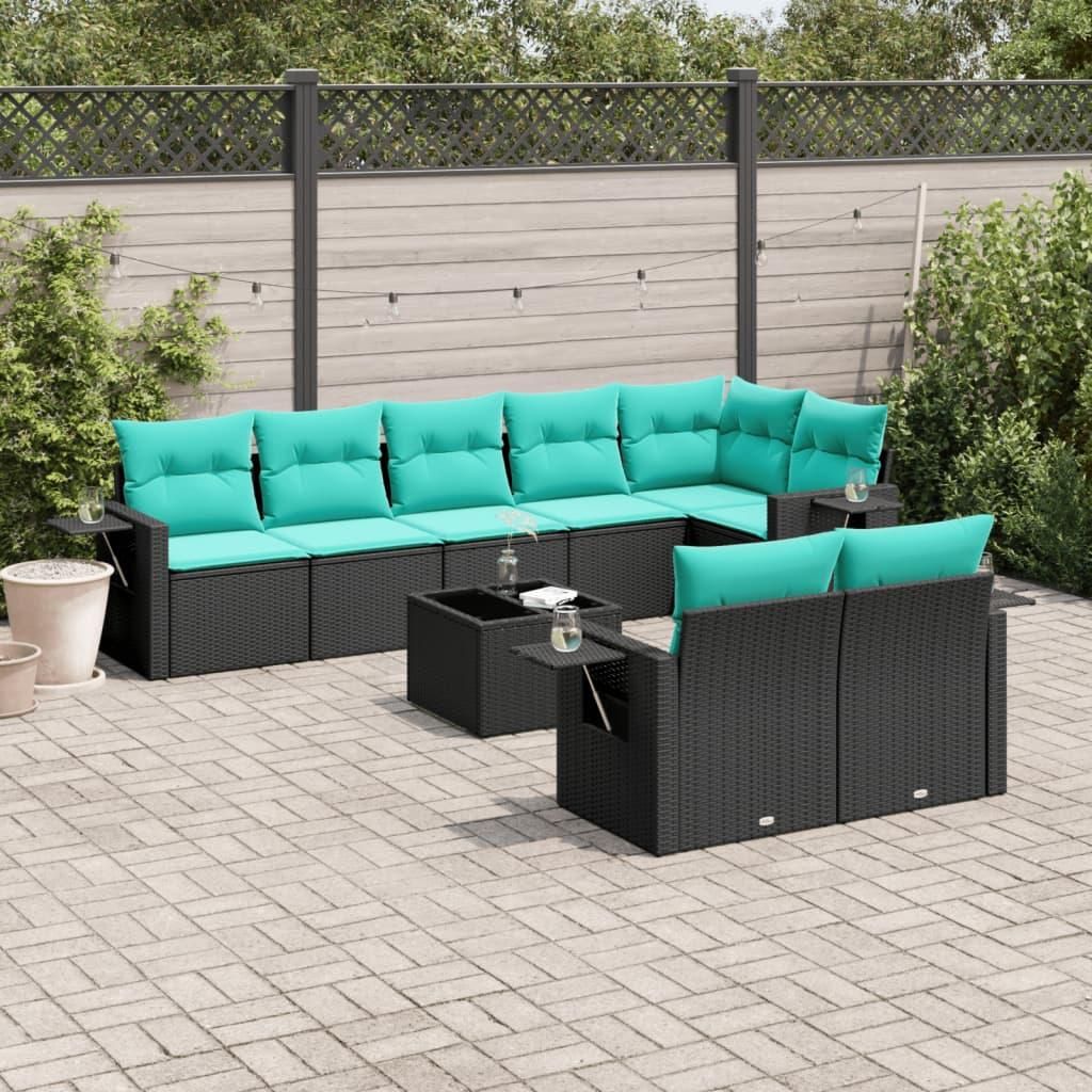 Maison Exclusive - 9-teiliges Gartensofa-Set mit Kissen, schwarzes Polyrattan