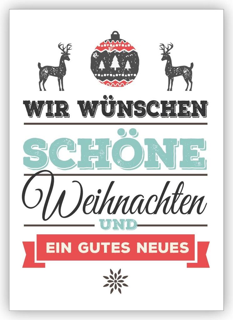 Edle Typografische Weihnachtskarte mit Hirschen auf weiß: Wir wünschen schöne Weihnachten und ein gutes Neuer