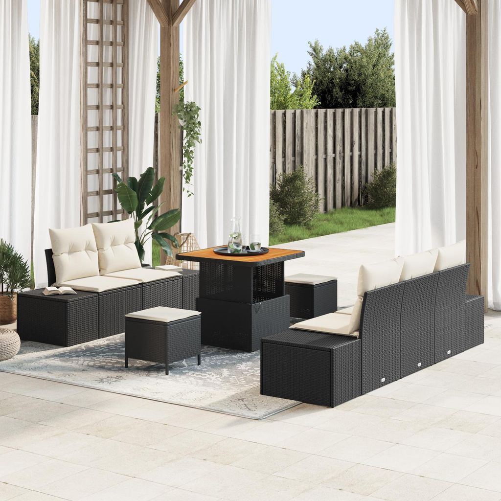 8-tlg. Garten-Sofagarnitur mit Kissen Schwarz Poly Rattan, Design Gartensofas Neu
