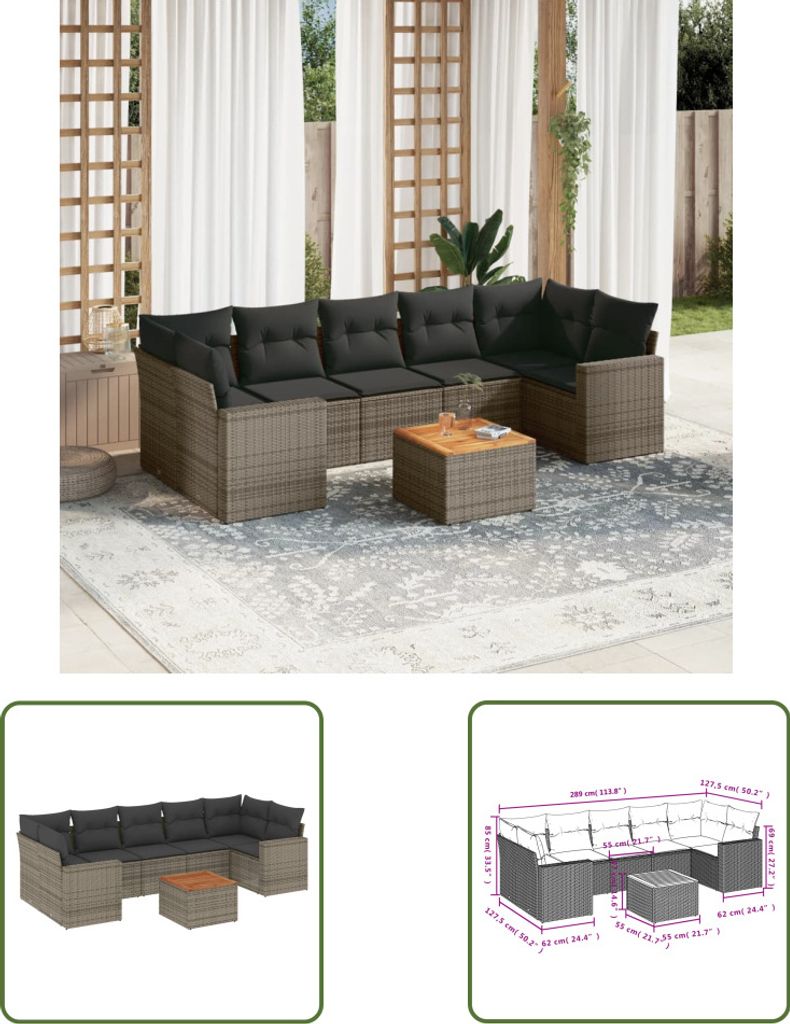 The Living Store 8-tlg. Garten-Sofagarnitur mit Kissen Grau Poly Rattan
