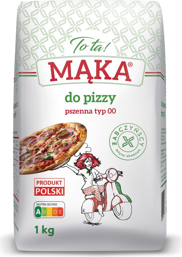 A bag of flour for pizza with a drawing of a woman on a scooter holding a pizza.