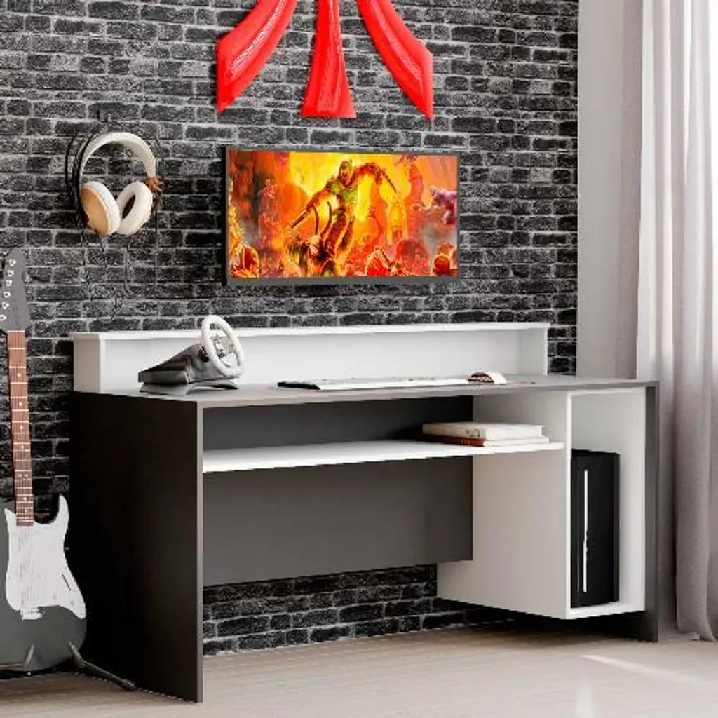 Table de bureau gamer 140 cm Beri blanc et noir pour setup informatique