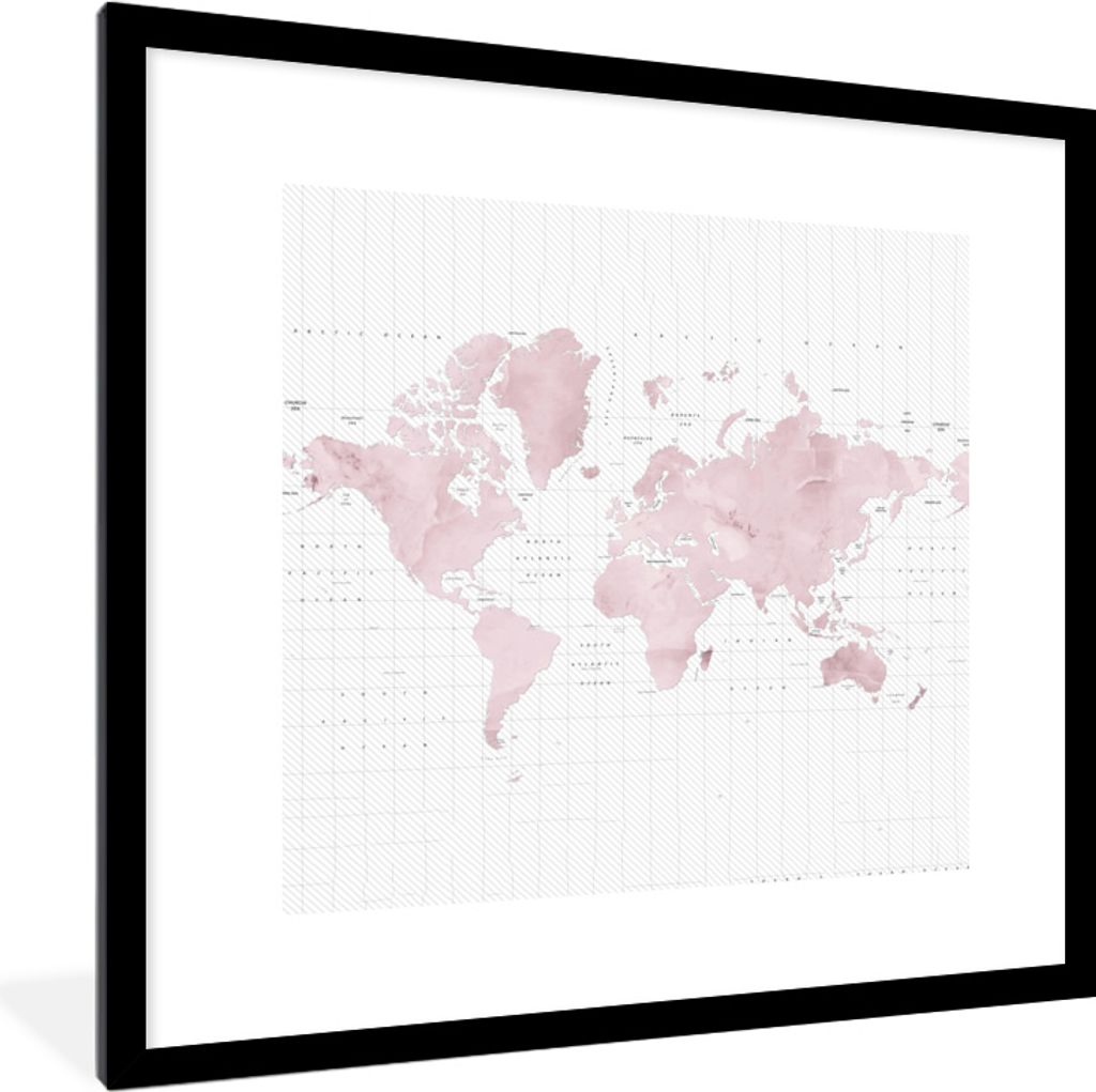 MuchoWow MuchoWow Gerahmtes Poster Weltkarte - Rosa - Marmor 40x40 cm - Poster mit zchwarzem Bilderrahmen - Poster - Plakat im Rahmen