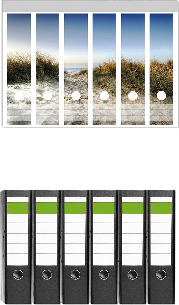 Wallario 6 Stück breite Ordner inkl. Klebeetiketten mit Motive Weg durch die Dünen zum Strand am Meer - Set mit Rückenschildern / Ordnerrücken ...