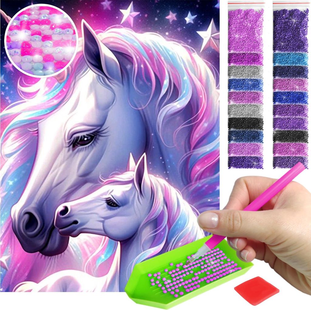 ARTULIO - Diamond Painting Set - Einhorn mit Jungem in Pastellfarben - 40 × 30 cm - AB Steine, AB Diamant - Crystal Art, Komplettset Mosaik + Zube...