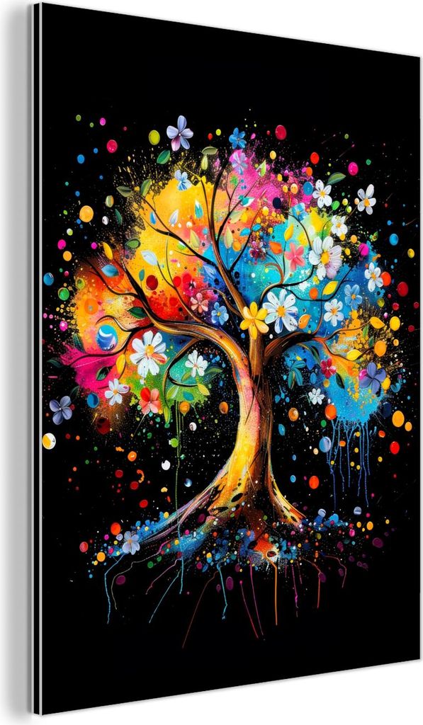 MuchoWow Wanddekoration Metall Metallbild Wandkunst 30x40 cm Baum - Bunt - Blumen - Schwarz MuchoWow Aluminium Gemälde - Bilder