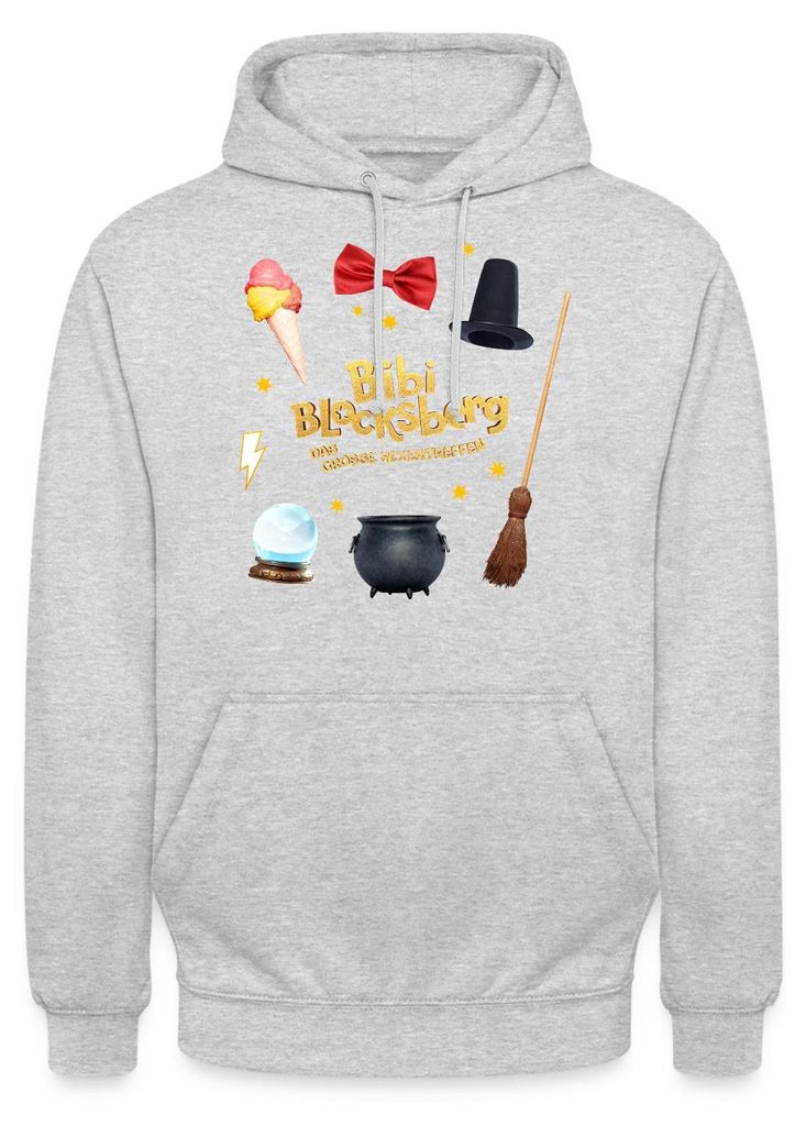 Spreadshirt Bibi Blocksberg Film Mit Hexenzubehör Und Logo Uni Hoodie, L, Hellgrau meliert