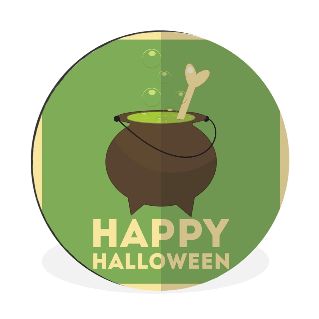 MuchoWow Aluminium Wandkreis Happy Halloween" mit einem Hexenkessel und Knochen auf grünem Hintergrund Ø 30 cm Wanddeko Modern Wohnzimmer - Wan...