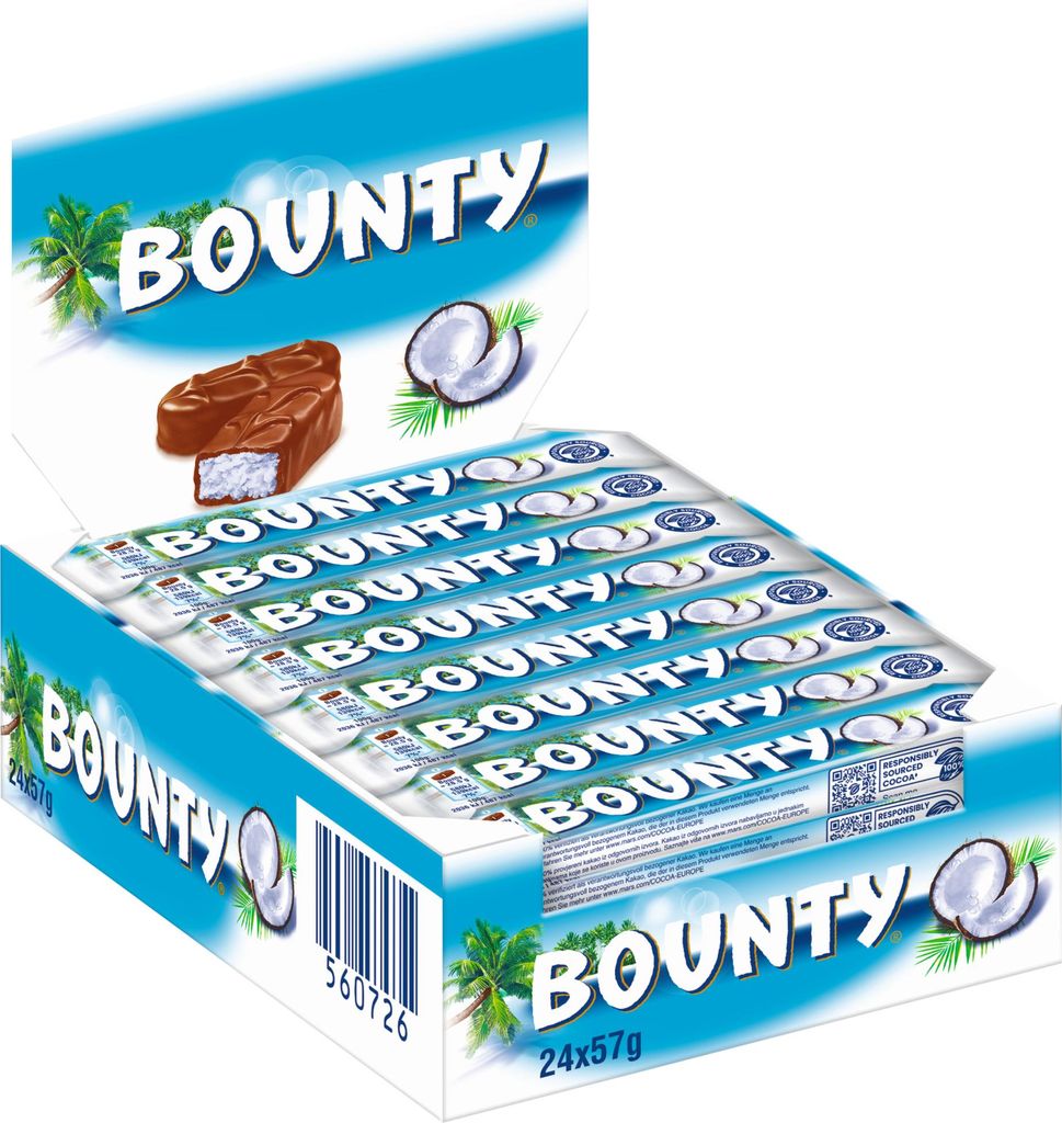 A box of Bounty chocolate bars with coconut filling.