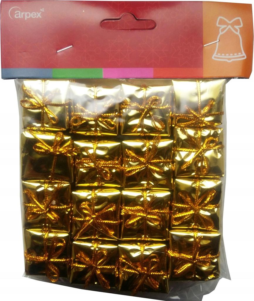 A package of small, gold-colored gift decorations.