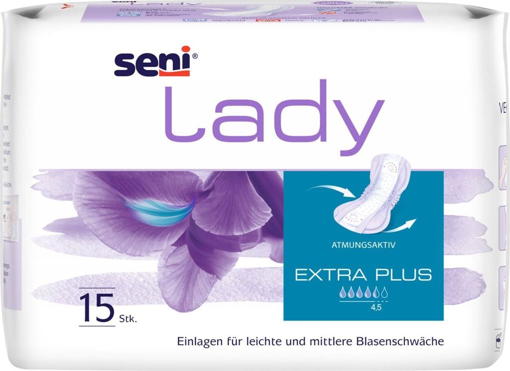 A package of Seni Lady incontinence pads with a floral design.