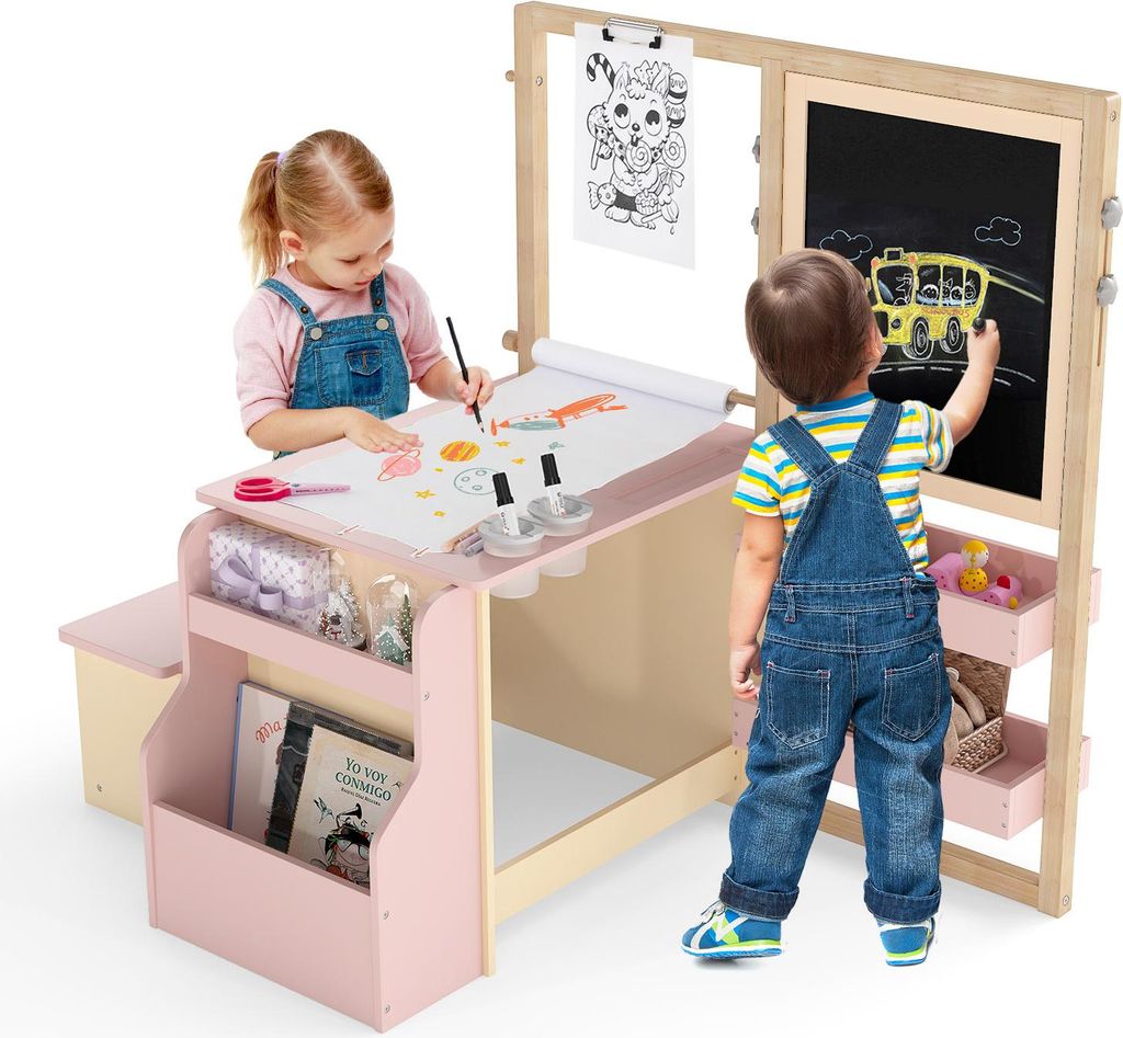 COSTWAY 6 in 1 Kinder Staffelei Set höhenverstellbar, Kindertafel mit doppelseitiger Kreidetafel, Whiteboard, Papierrolle, Bank & Ablagen, ab 3 Ja...