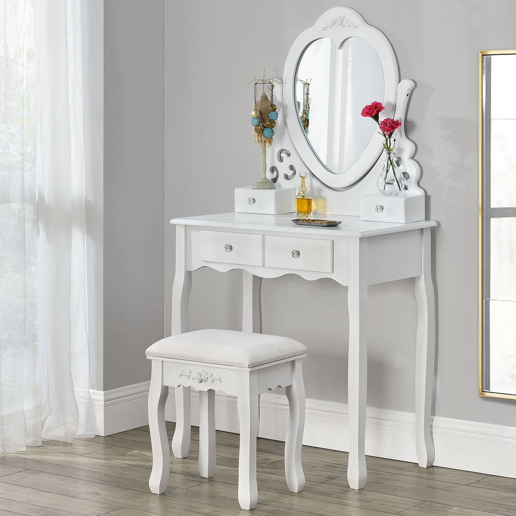 80 x 40 x 134,5 cm Schminktisch mit Hocker und 3 klappbare Spiegel weißer Kosmetiktisch mit 4 Schubladen