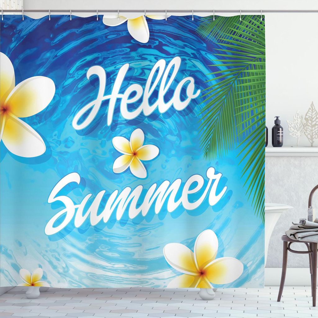 ABAKUHAUS Lebensstil Duschvorhang, Hallo Sommer Palmen Plumeria Blumen über dem Meer Schwimmbad Buntige Muster, 175 x 240 cm, Blau