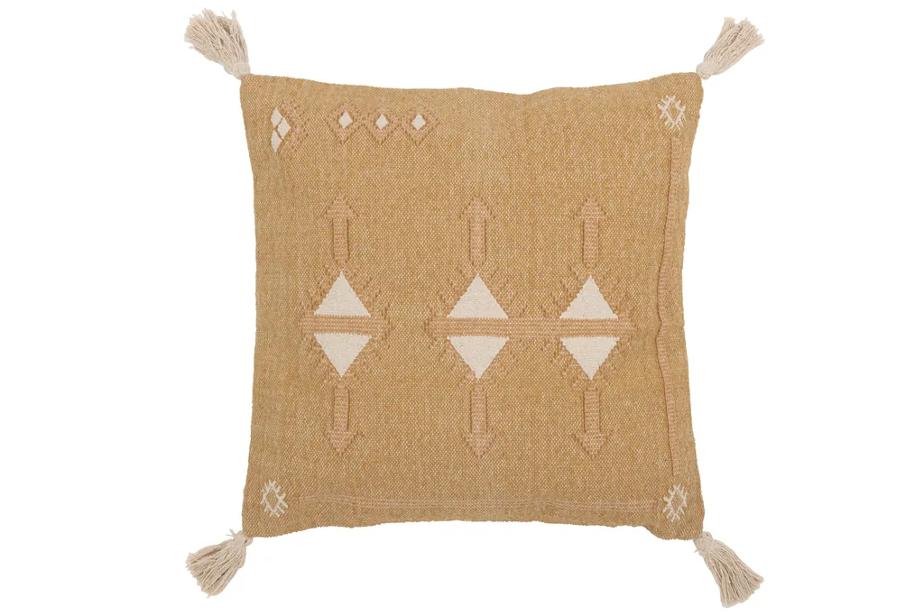 Coussin de Décoration Carré aux Motifs Géométriques et Pompons J-Line
