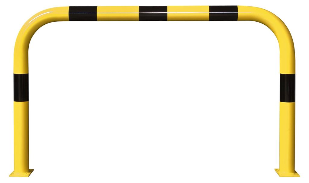 Rammschutz-Bügel XL, Rundrohr 108/3,6 mm, gebogen, BxH 2000x1200 mm, Innenbereich, gelb beschichtet, mit schwarzen Streifen, zum Aufdübeln