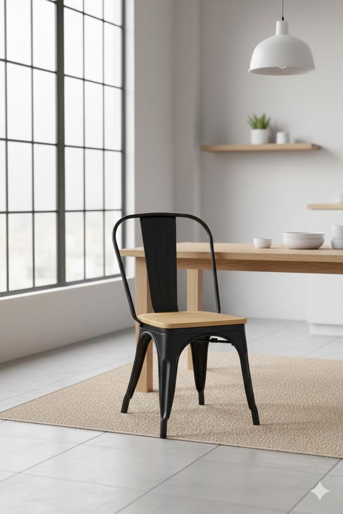 Loft Esszimmerstuhl Metall Schwarz mit Sitzfläche aus Kiefernholz – Industrial Design, stabiler Dining Chair